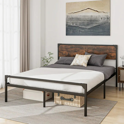 Platform Full/Queen Bed with Rustic Headboard and Footboard-Queen Size - Black - Simple Bed Frame