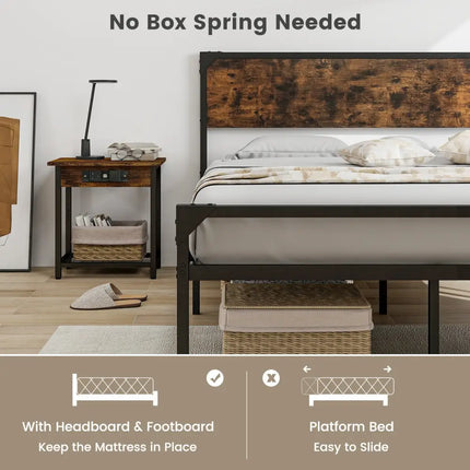 Platform Full/Queen Bed with Rustic Headboard and Footboard-Queen Size - Black - Simple Bed Frame
