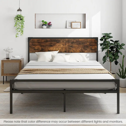 Platform Full/Queen Bed with Rustic Headboard and Footboard-Queen Size - Black - Simple Bed Frame