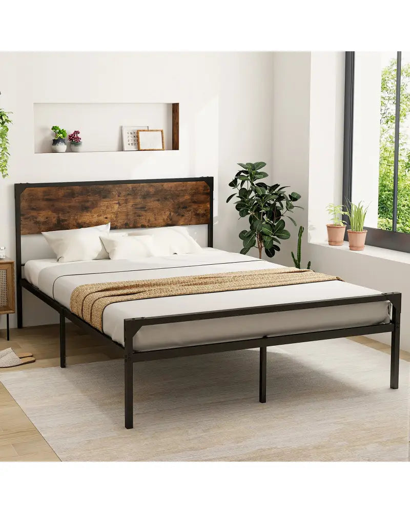 Platform Full/Queen Bed with Rustic Headboard and Footboard-Queen Size - Black - Simple Bed Frame