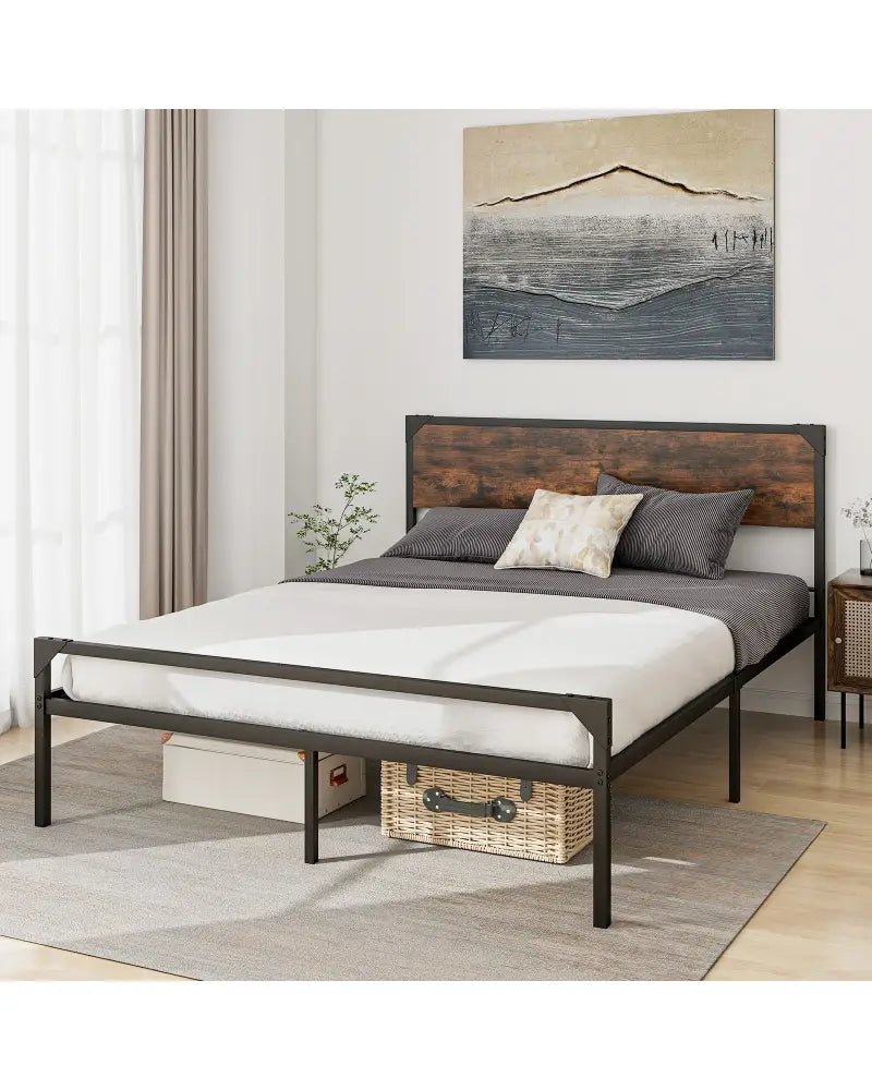 Platform Full/Queen Bed with Rustic Headboard and Footboard-Queen Size - Black - Simple Bed Frame