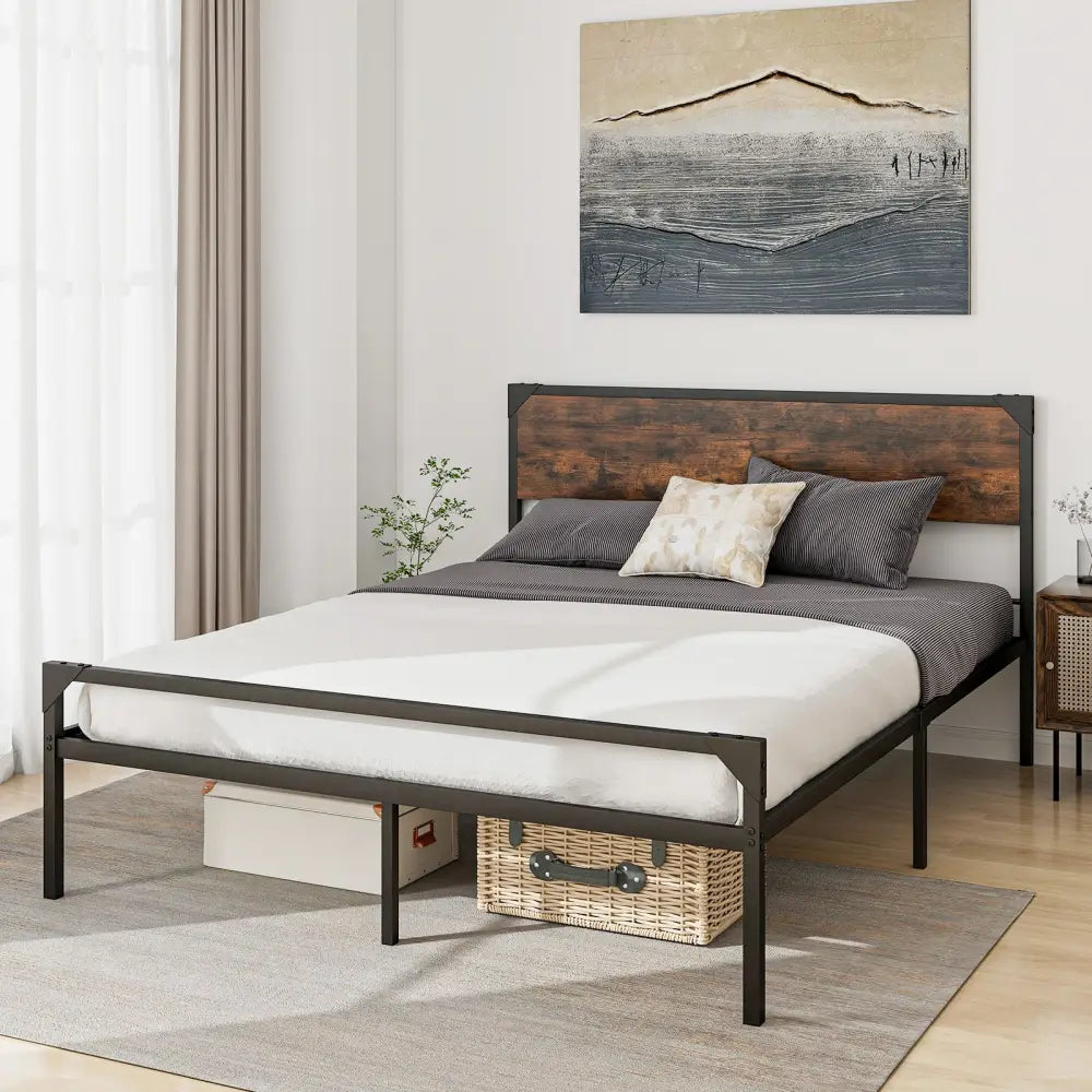 Platform Full/Queen Bed with Rustic Headboard and Footboard-Queen Size - Black - Simple Bed Frame