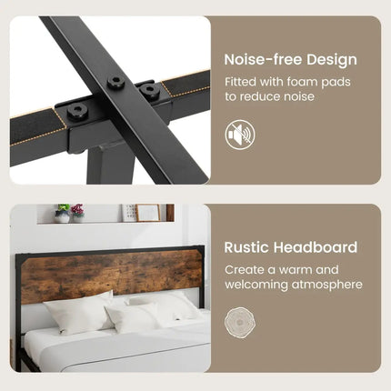 Platform Full/Queen Bed with Rustic Headboard and Footboard-Queen Size - Black - Simple Bed Frame