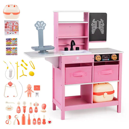Play Doctor’s Office Wood Medical Center Toy Set with Blackboard-Pink - Pink - Play Tents & Playhouse