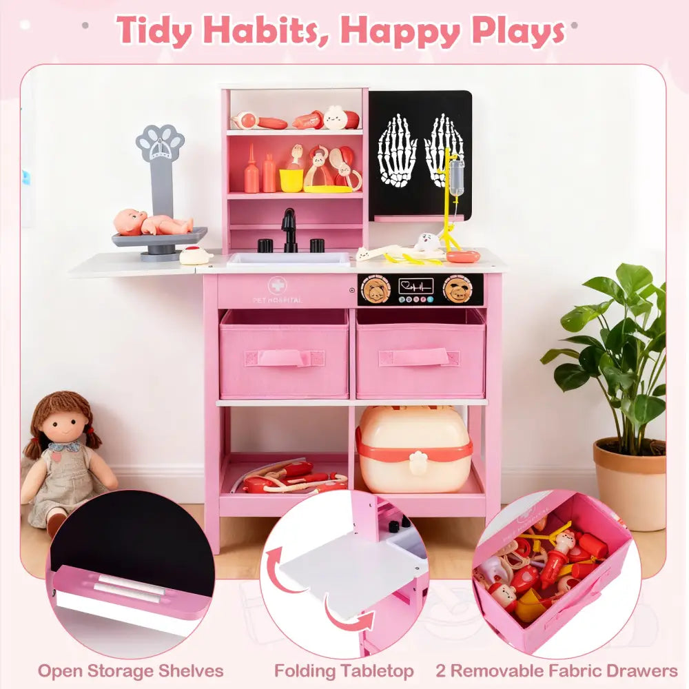 Play Doctor’s Office Wood Medical Center Toy Set with Blackboard-Pink - Pink - Play Tents & Playhouse
