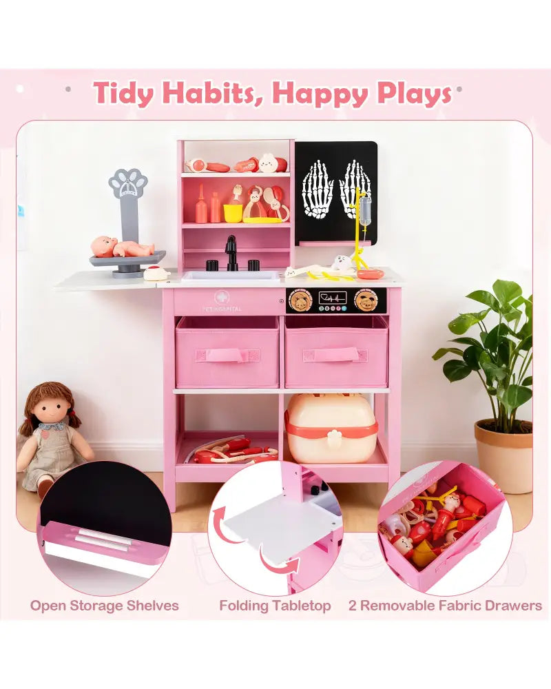 Play Doctor’s Office Wood Medical Center Toy Set with Blackboard-Pink - Pink - Play Tents & Playhouse