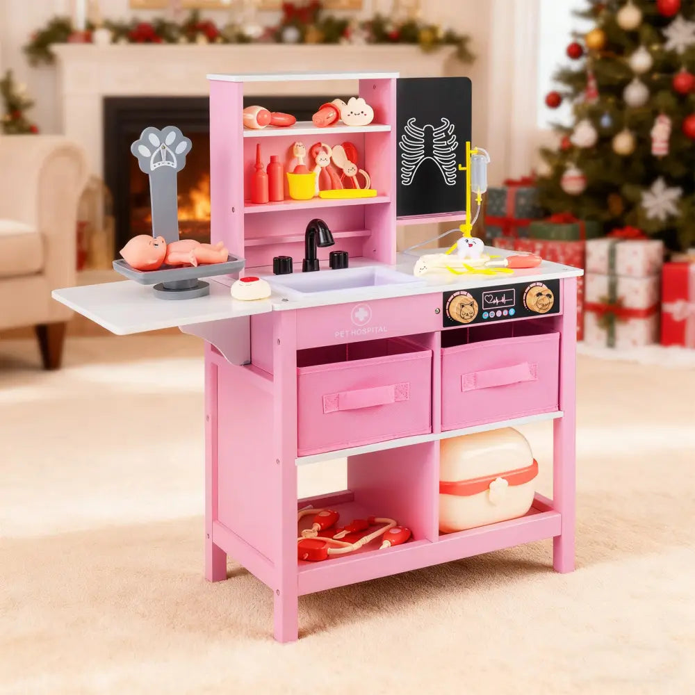Play Doctor’s Office Wood Medical Center Toy Set with Blackboard-Pink - Pink - Play Tents & Playhouse