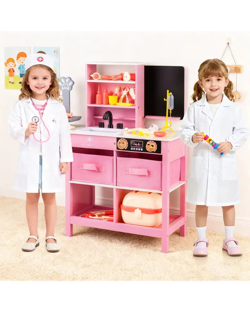 Play Doctor’s Office Wood Medical Center Toy Set with Blackboard-Pink - Pink - Play Tents & Playhouse