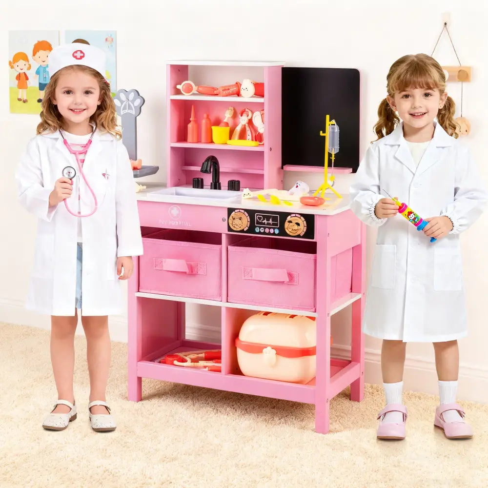 Play Doctor’s Office Wood Medical Center Toy Set with Blackboard-Pink - Pink - Play Tents & Playhouse
