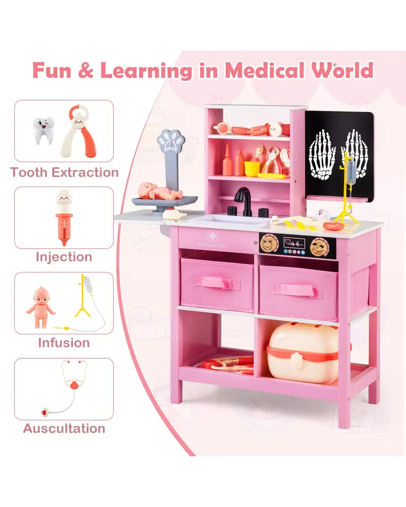 Play Doctor’s Office Wood Medical Center Toy Set with Blackboard-Pink - Pink - Play Tents & Playhouse