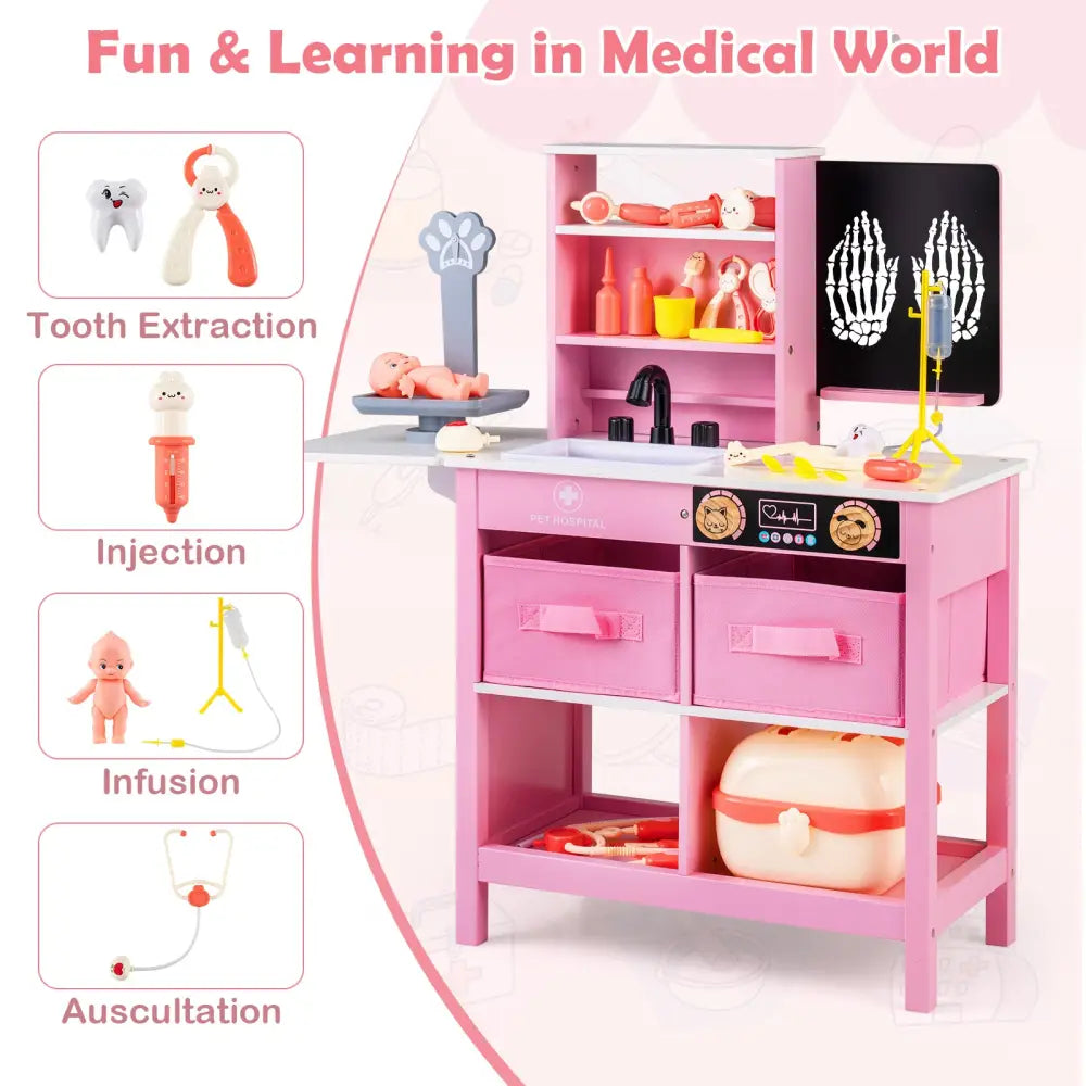 Play Doctor’s Office Wood Medical Center Toy Set with Blackboard-Pink - Pink - Play Tents & Playhouse