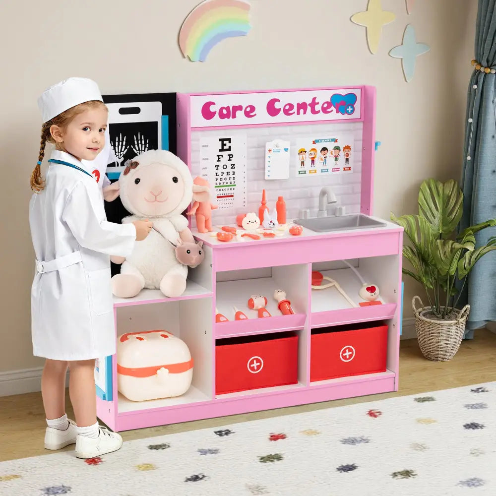 Play Doctor’s Office Wood Medical Center Toy Set with Examine Region-Pink - Pink - Play Kitchen Sets