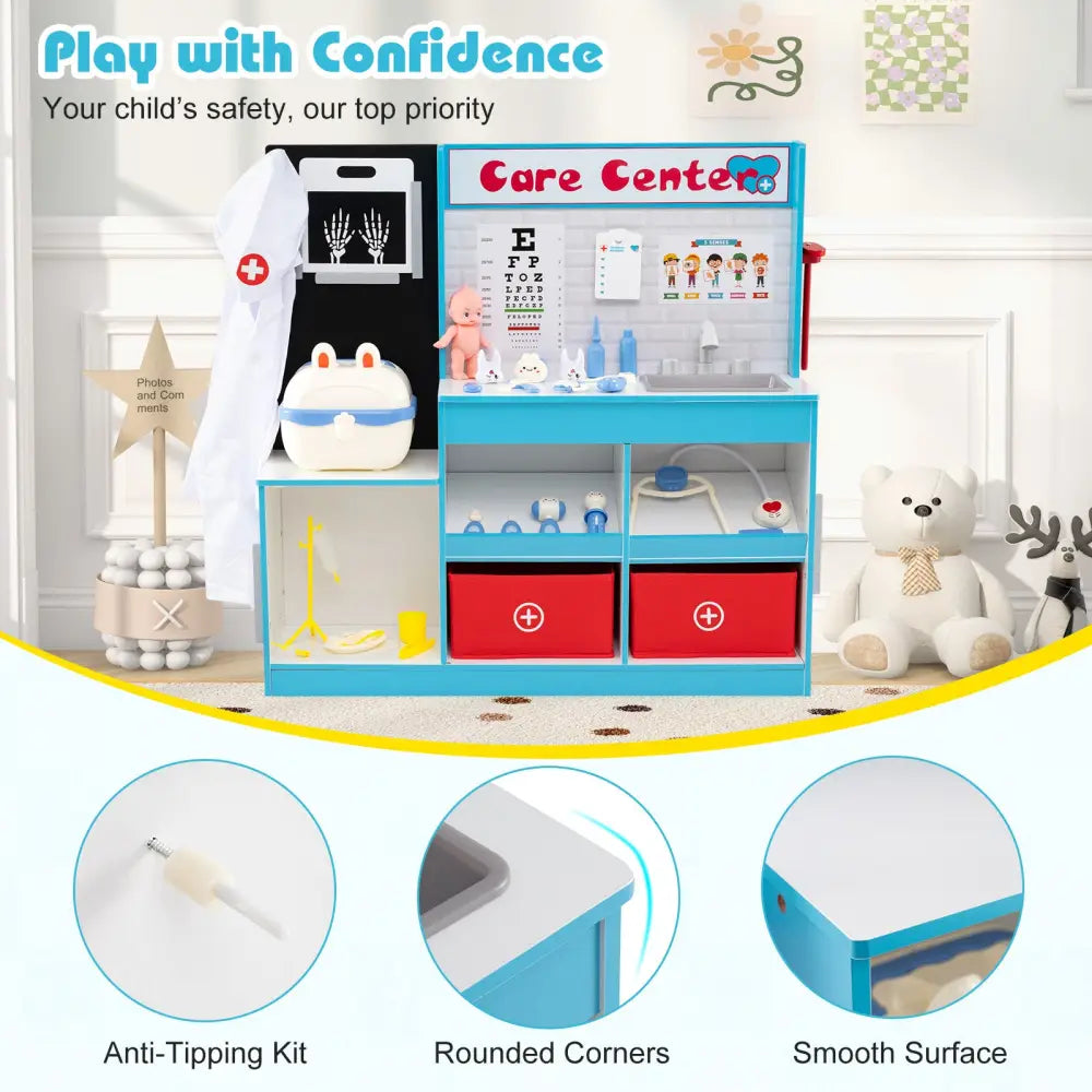 Play Doctor’s Office Wood Medical Center Toy Set with Examine Region-Blue - Blue - Play Kitchen Sets