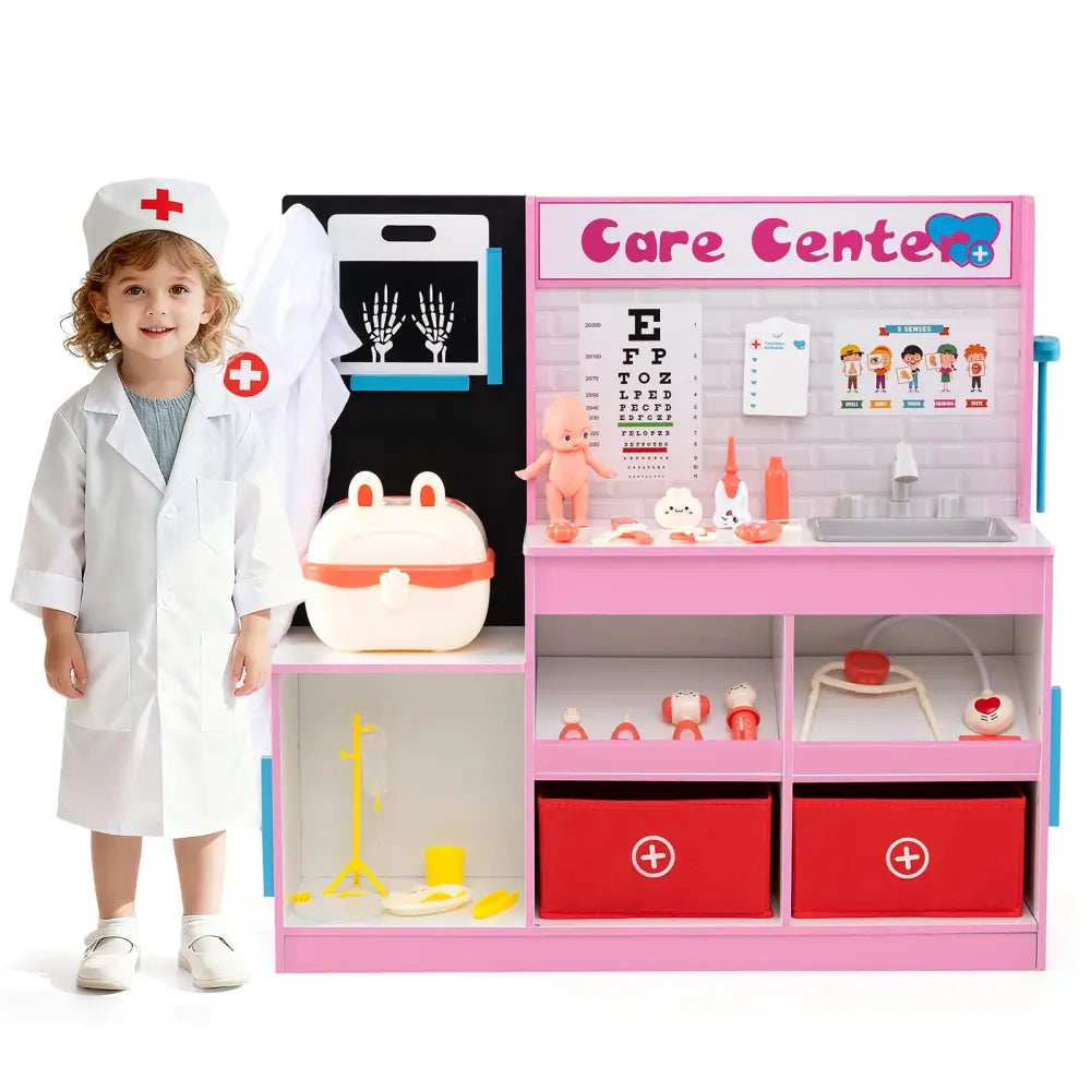 Play Doctor’s Office Wood Medical Center Toy Set with Examine Region-Pink - Pink - Play Kitchen Sets