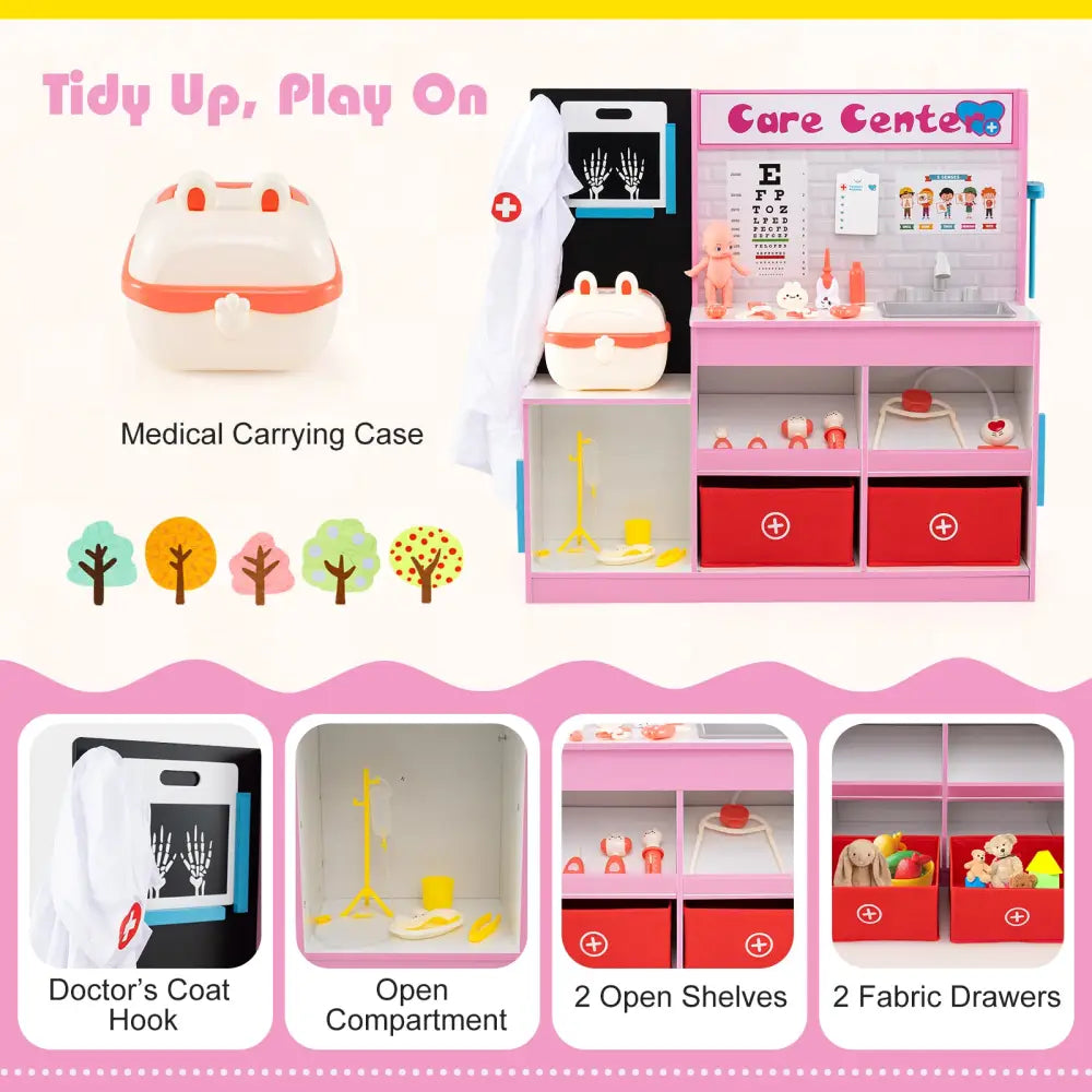Play Doctor’s Office Wood Medical Center Toy Set with Examine Region-Pink - Pink - Play Kitchen Sets