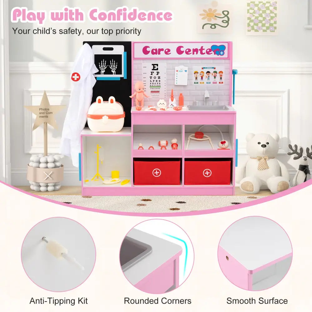 Play Doctor’s Office Wood Medical Center Toy Set with Examine Region-Pink - Pink - Play Kitchen Sets