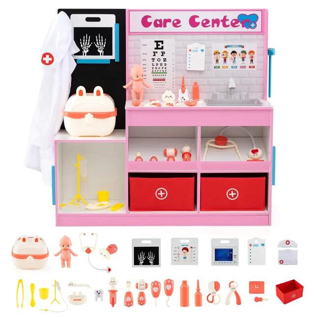 Play Doctor’s Office Wood Medical Center Toy Set with Examine Region-Pink - Pink - Play Kitchen Sets