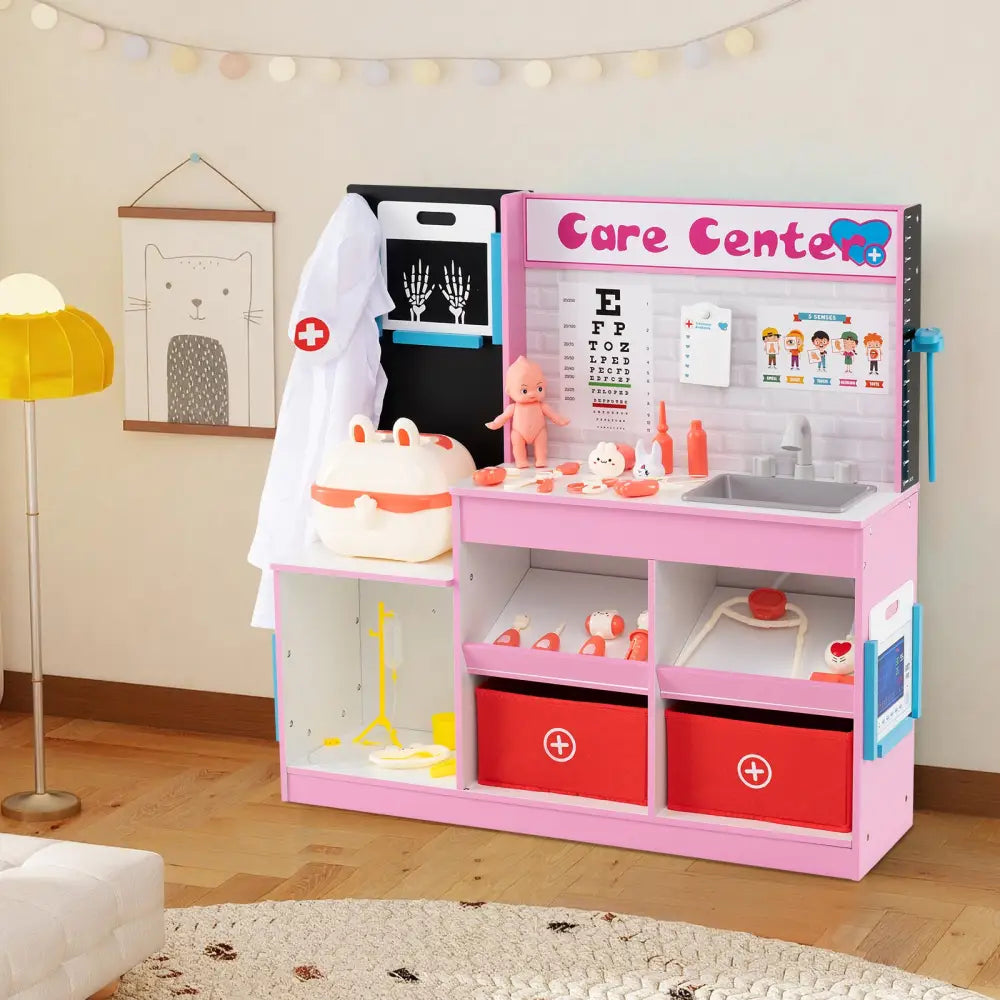 Play Doctor’s Office Wood Medical Center Toy Set with Examine Region-Pink - Pink - Play Kitchen Sets