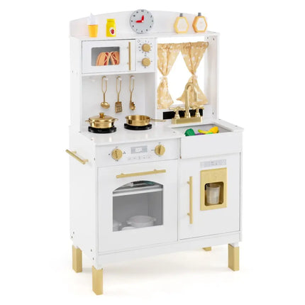Play Kitchen for Kids Wooden Chef Pretend Playset with 3 Adjustable Heights Microwave - Gold - Oasis Home Essentials
