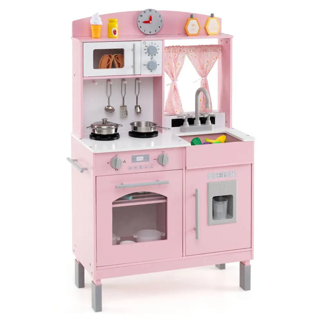 Play Kitchen for Kids Wooden Chef Pretend Playset with 3 Adjustable Heights Microwave - Pink - Oasis Home Essentials