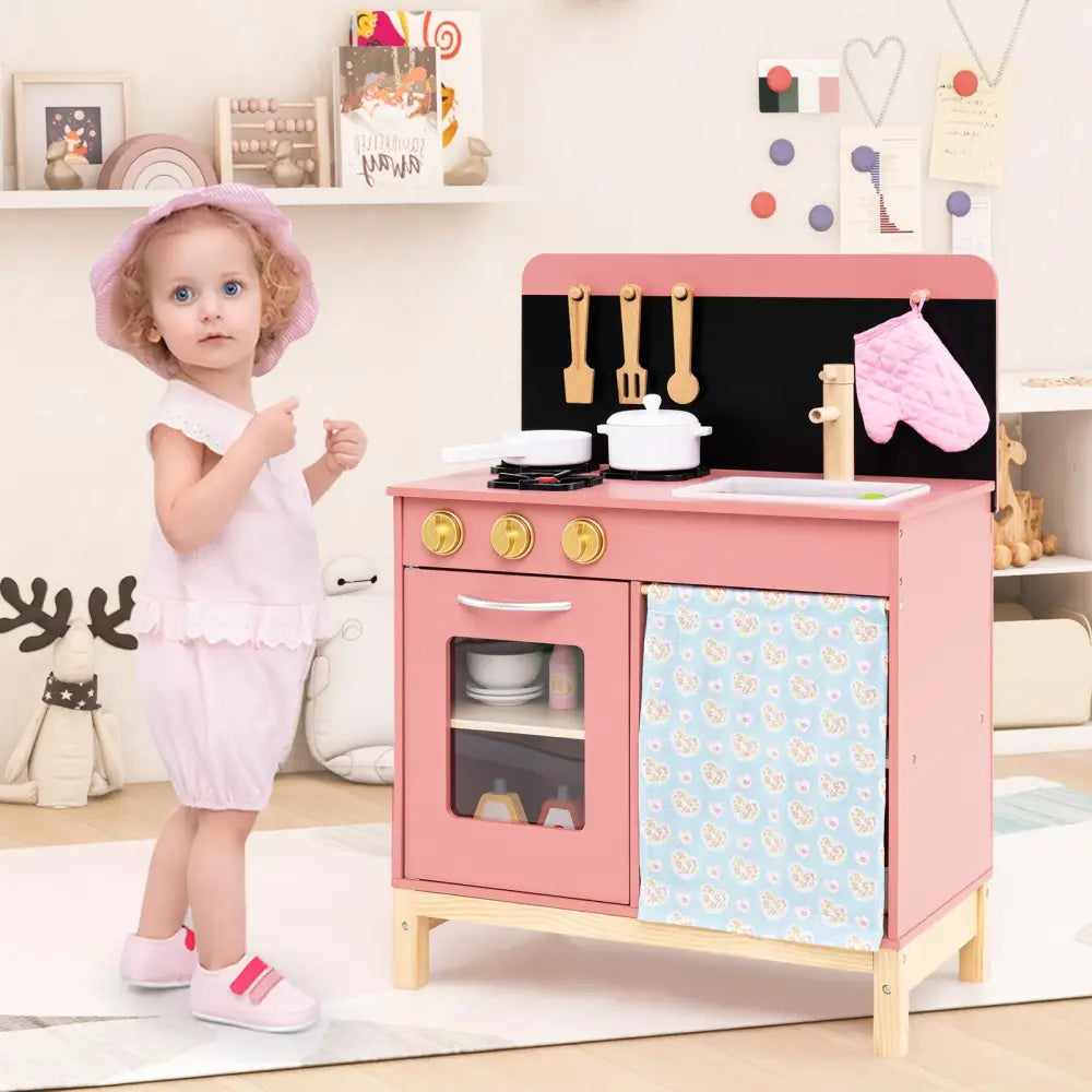 Play Kitchen for Kids Wooden Kitchen Playset with Door Curtain-Pink - Pink - Play Kitchen Sets