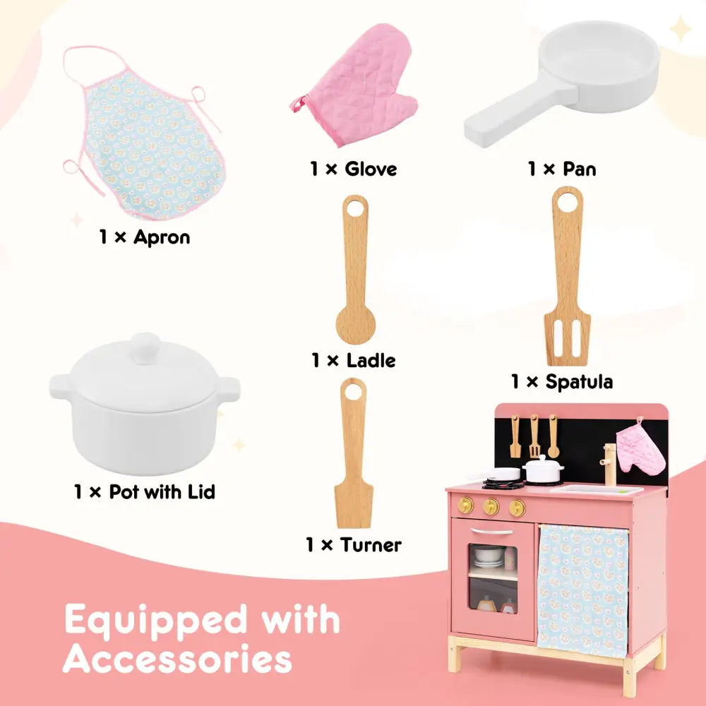 Play Kitchen for Kids Wooden Kitchen Playset with Door Curtain-Pink - Pink - Play Kitchen Sets