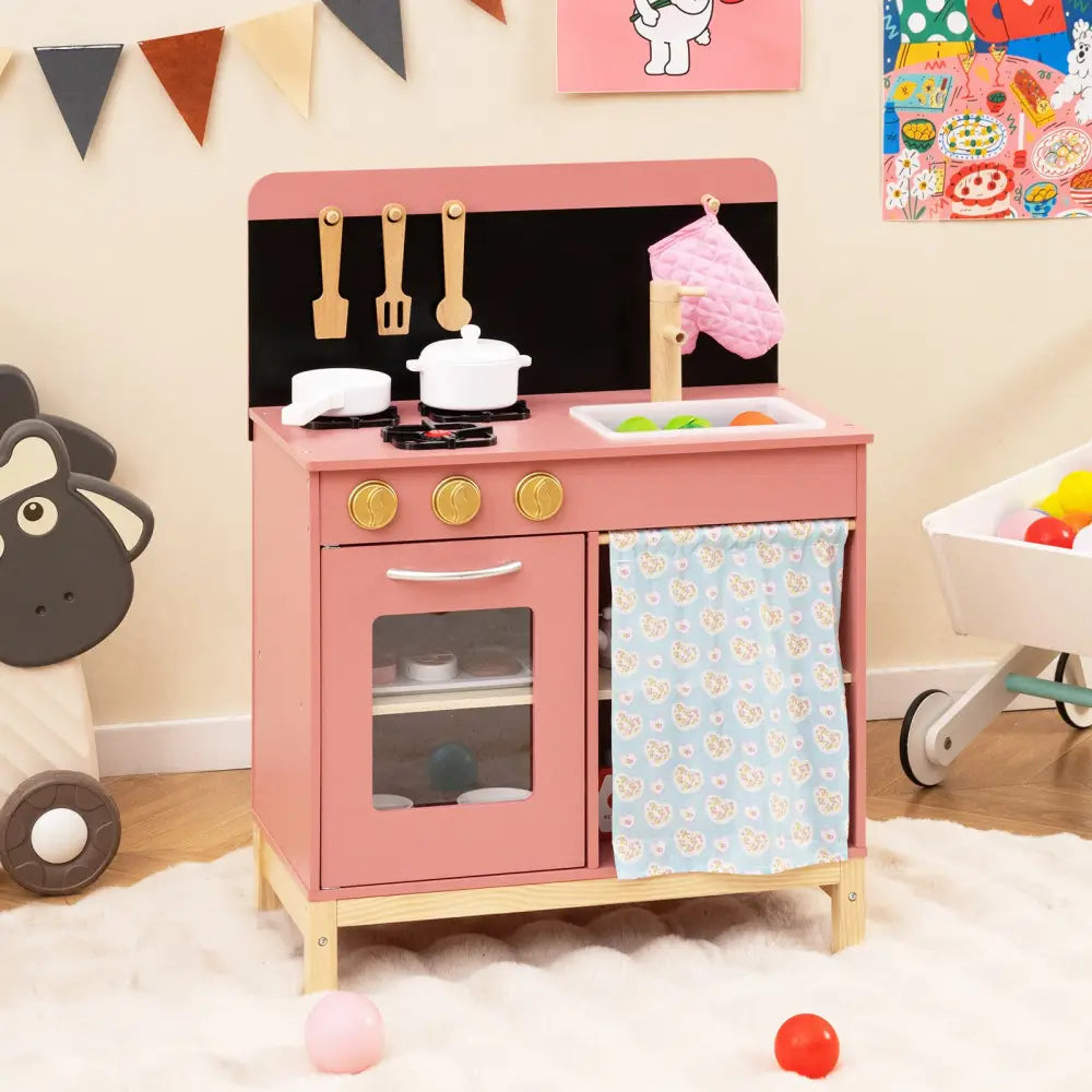 Play Kitchen for Kids Wooden Kitchen Playset with Door Curtain-Pink - Pink - Play Kitchen Sets
