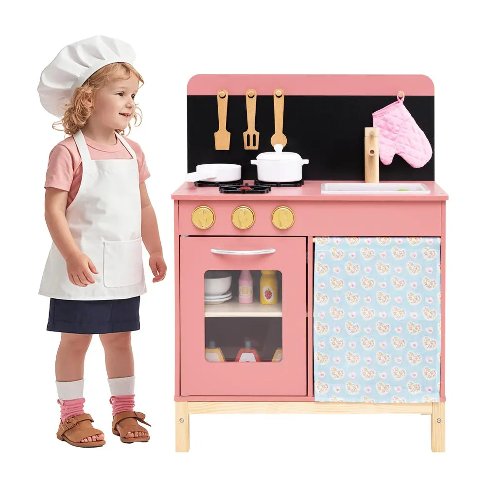 Play Kitchen for Kids Wooden Kitchen Playset with Door Curtain-Pink - Pink - Play Kitchen Sets