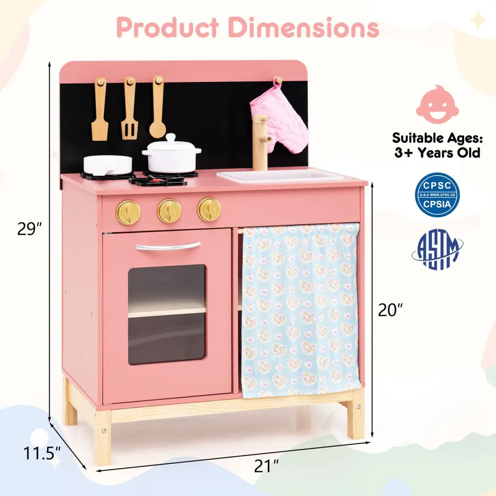 Play Kitchen for Kids Wooden Kitchen Playset with Door Curtain-Pink - Pink - Play Kitchen Sets