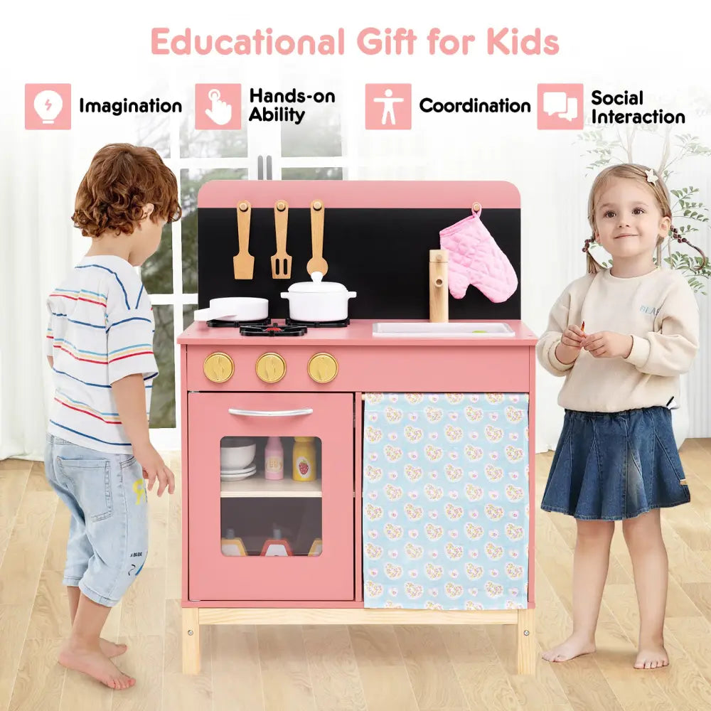 Play Kitchen for Kids Wooden Kitchen Playset with Door Curtain-Pink - Pink - Play Kitchen Sets