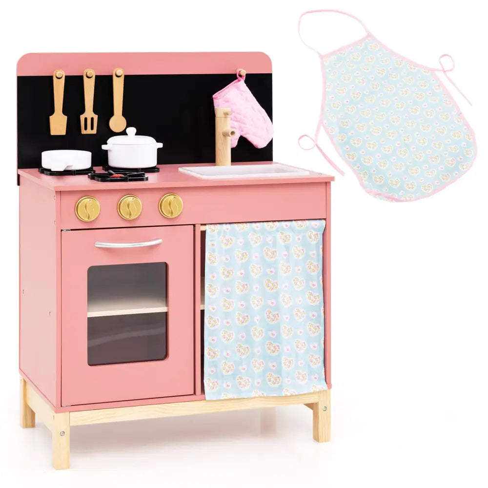 Play Kitchen for Kids Wooden Kitchen Playset with Door Curtain-Pink - Pink - Play Kitchen Sets
