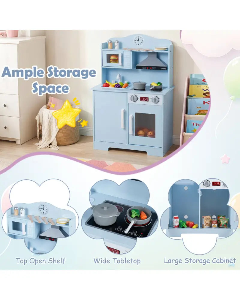 Play Kitchen for Kids Wooden Playset with Range Hood and Microwave-Blue - Blue - Play Kitchen Sets