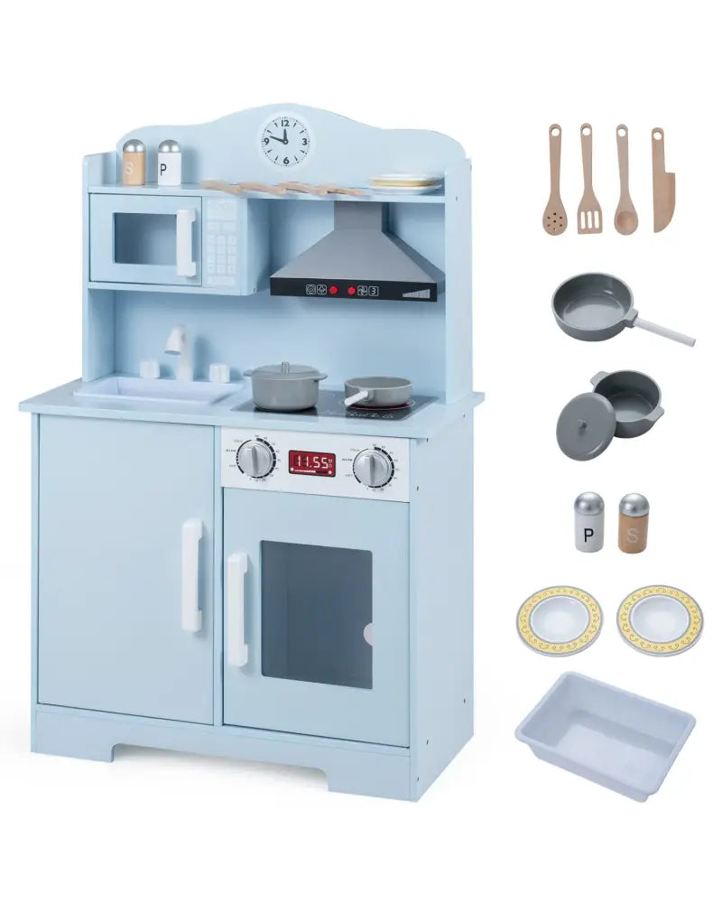 Play Kitchen for Kids Wooden Playset with Range Hood and Microwave-Blue - Blue - Play Kitchen Sets