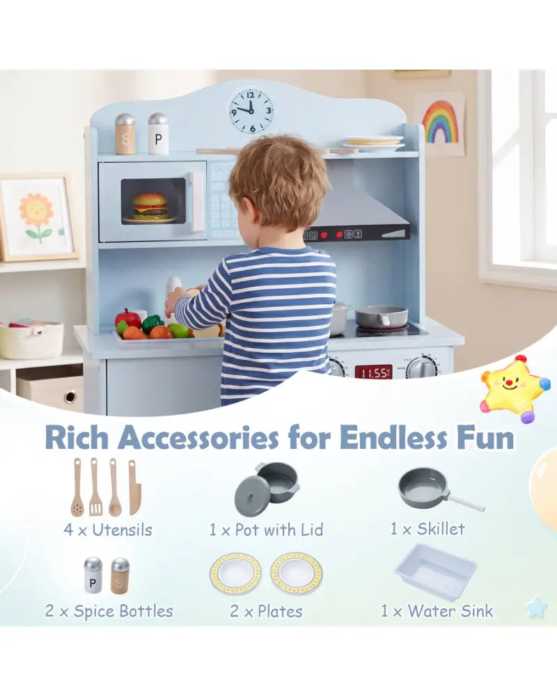 Play Kitchen for Kids Wooden Playset with Range Hood and Microwave-Blue - Blue - Play Kitchen Sets