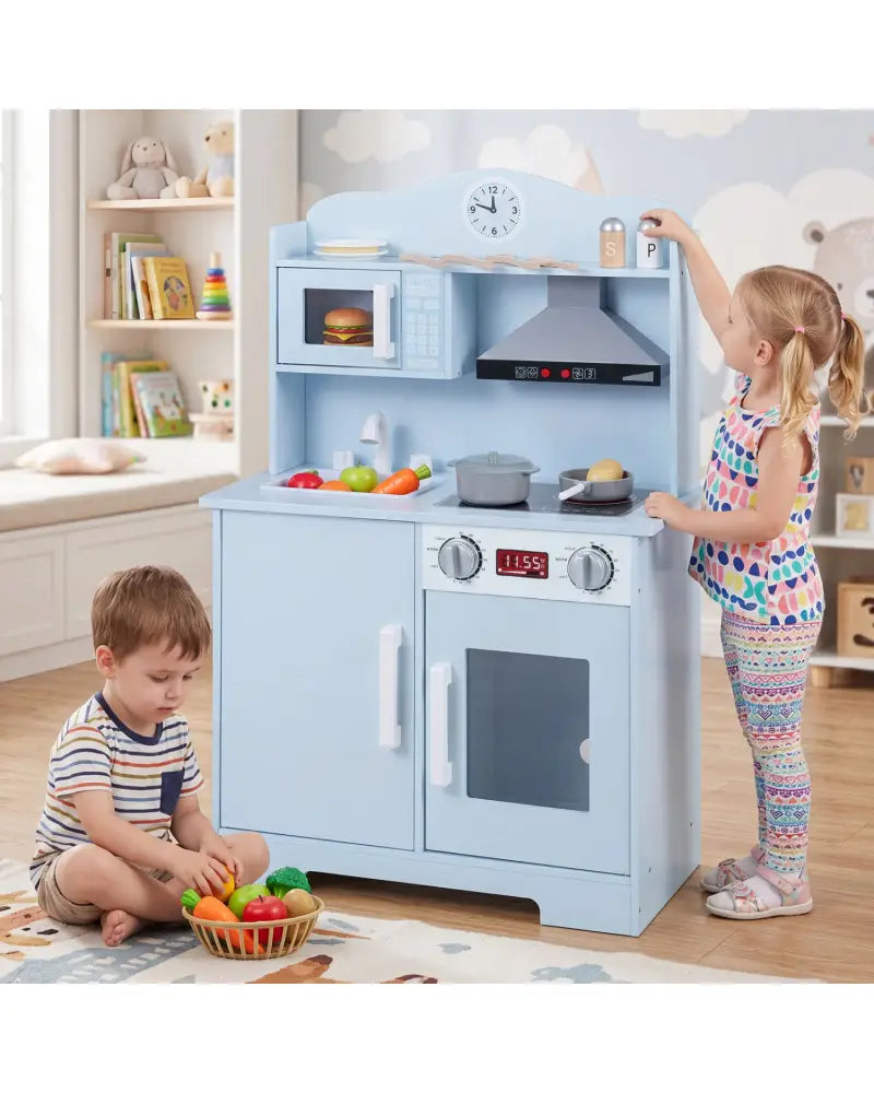Play Kitchen for Kids Wooden Playset with Range Hood and Microwave-Blue - Blue - Play Kitchen Sets