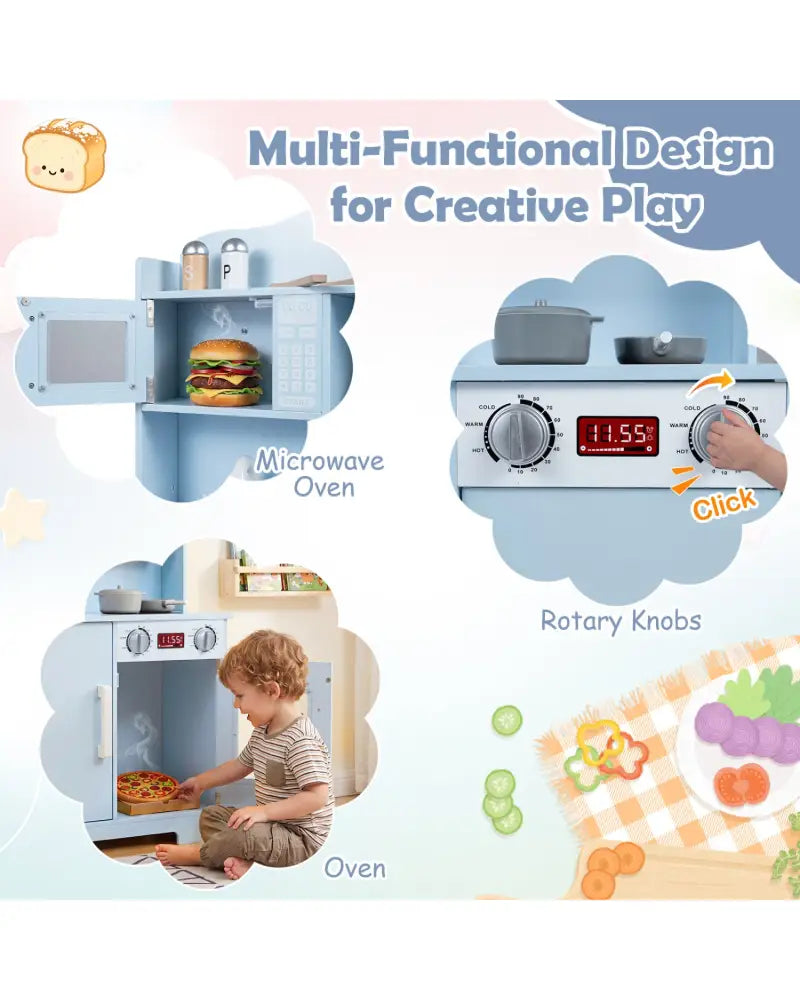 Play Kitchen for Kids Wooden Playset with Range Hood and Microwave-Blue - Blue - Play Kitchen Sets