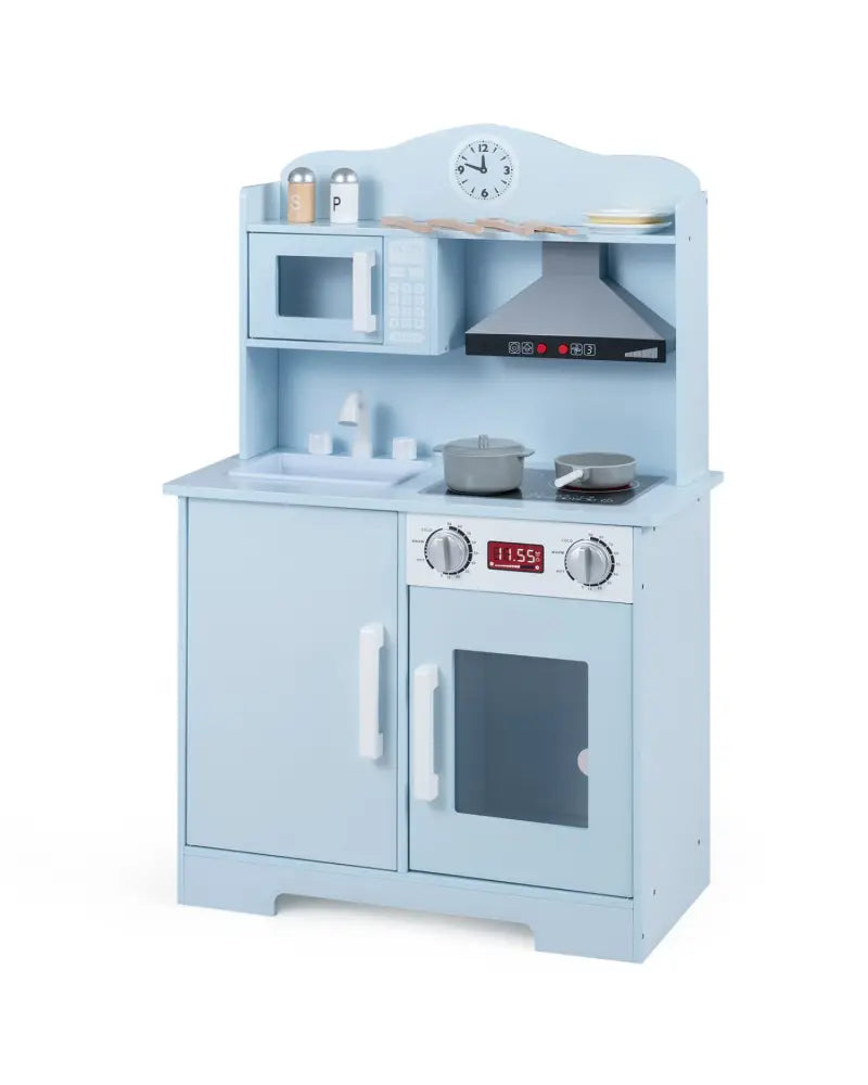 Play Kitchen for Kids Wooden Playset with Range Hood and Microwave-Blue - Blue - Play Kitchen Sets