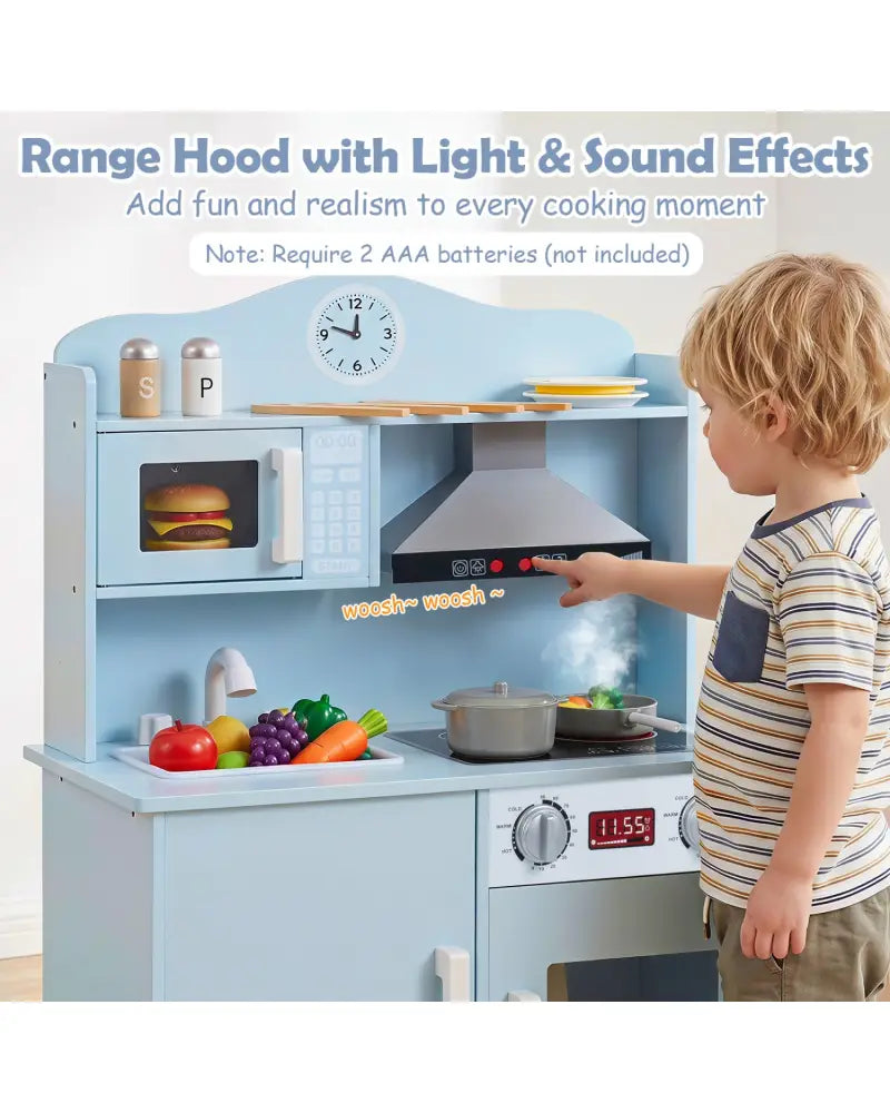Play Kitchen for Kids Wooden Playset with Range Hood and Microwave-Blue - Blue - Play Kitchen Sets
