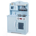Play Kitchen for Kids Wooden Playset with Range Hood and Microwave-Blue - Blue - Play Kitchen Sets