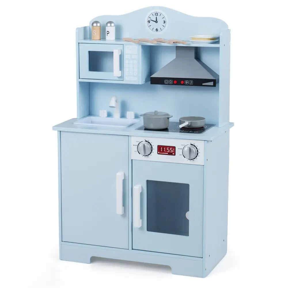 Play Kitchen for Kids Wooden Playset with Range Hood and Microwave-Blue - Blue - Play Kitchen Sets