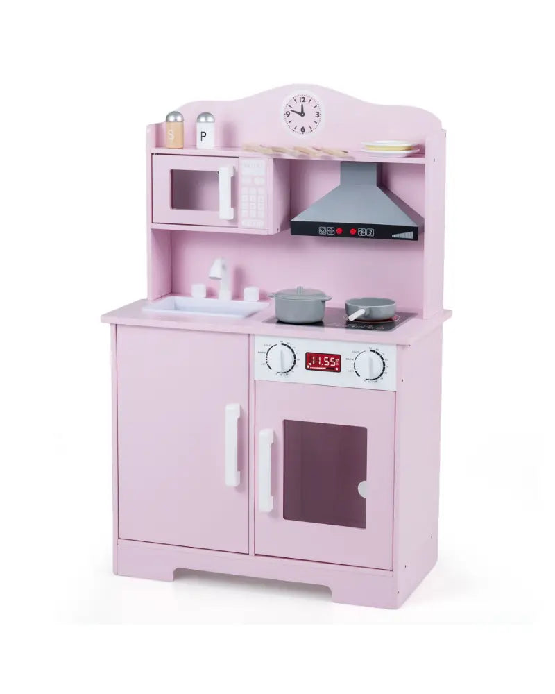 Play Kitchen for Kids Wooden Playset with Range Hood and Microwave-Pink - Pink - Play Kitchen Sets