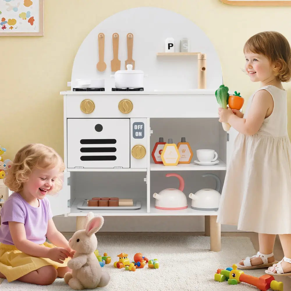 Play Kitchen for Kids Wooden Kitchen Playset with Stoves Faucet Sink Microwave and Oven-White - White - Play Kitchen