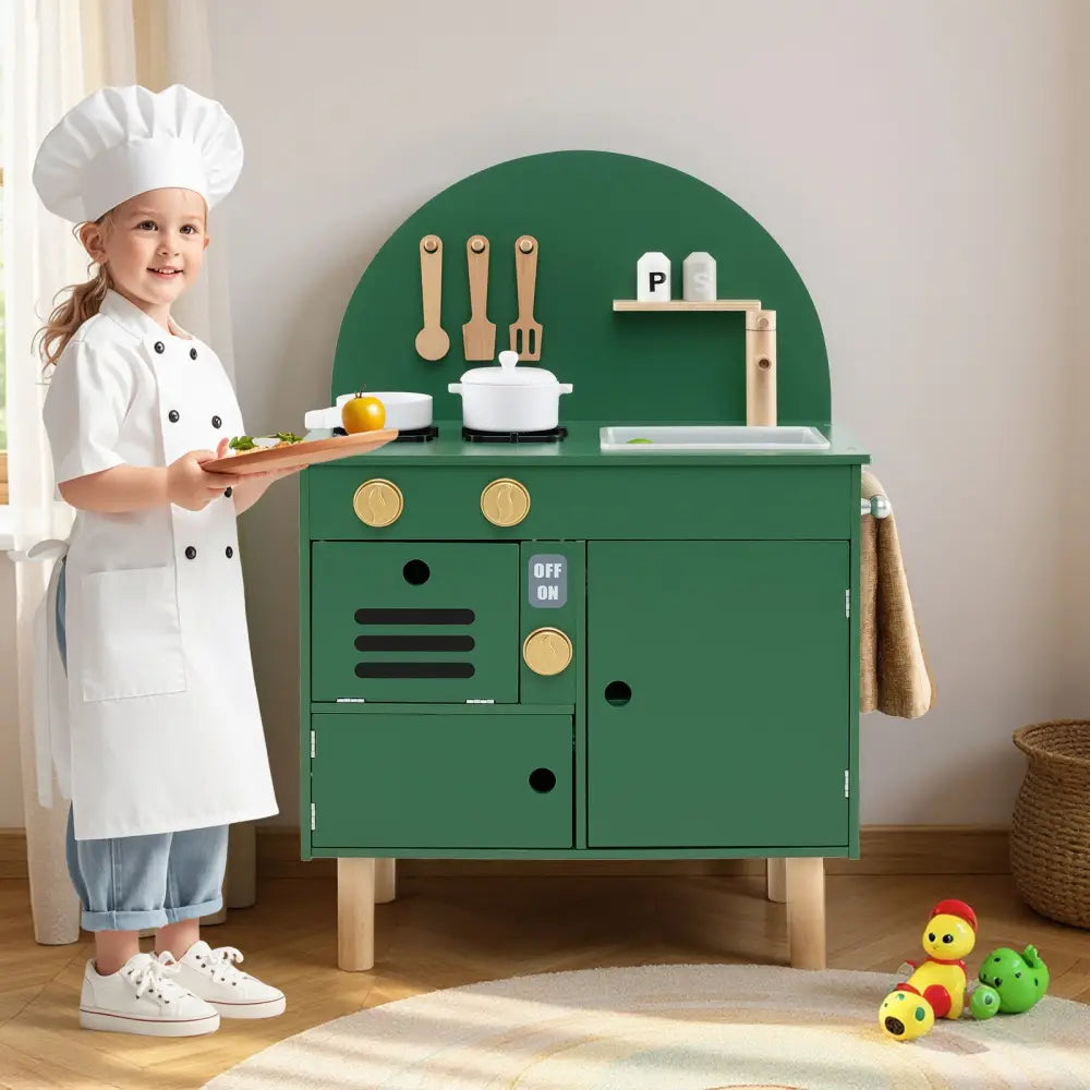 Play Kitchen for Kids Wooden Kitchen Playset with Stoves Faucet Sink Microwave and Oven-Green - Green - Play Kitchen