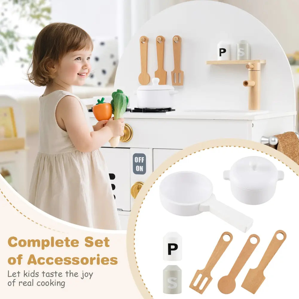 Play Kitchen for Kids Wooden Kitchen Playset with Stoves Faucet Sink Microwave and Oven-White - White - Play Kitchen