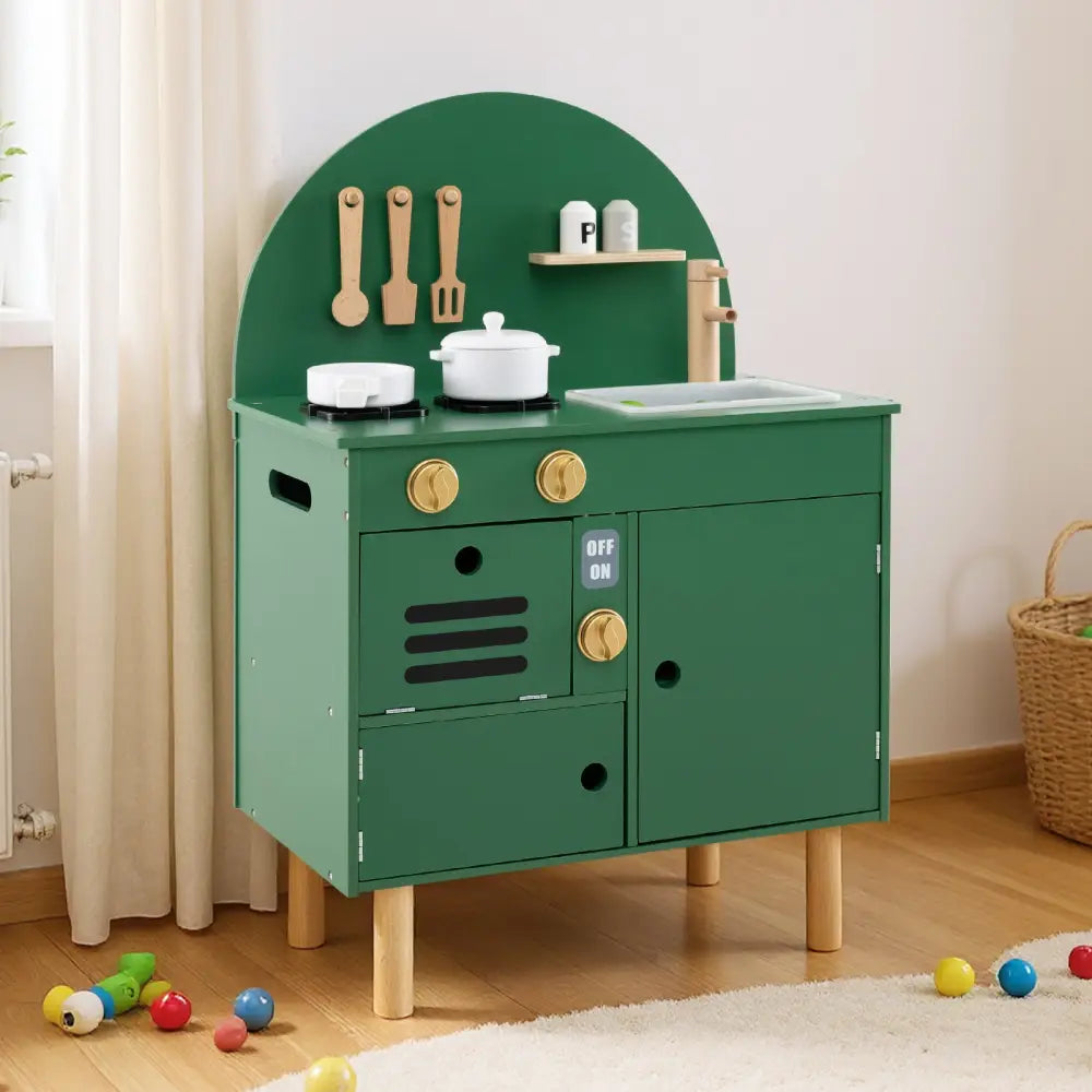 Play Kitchen for Kids Wooden Kitchen Playset with Stoves Faucet Sink Microwave and Oven-Green - Green - Play Kitchen