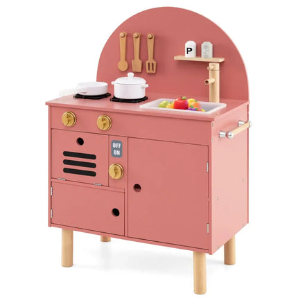 Play Kitchen for Kids Wooden Kitchen Playset with Stoves Faucet Sink Microwave and Oven - Pink - Oasis Home Essentials