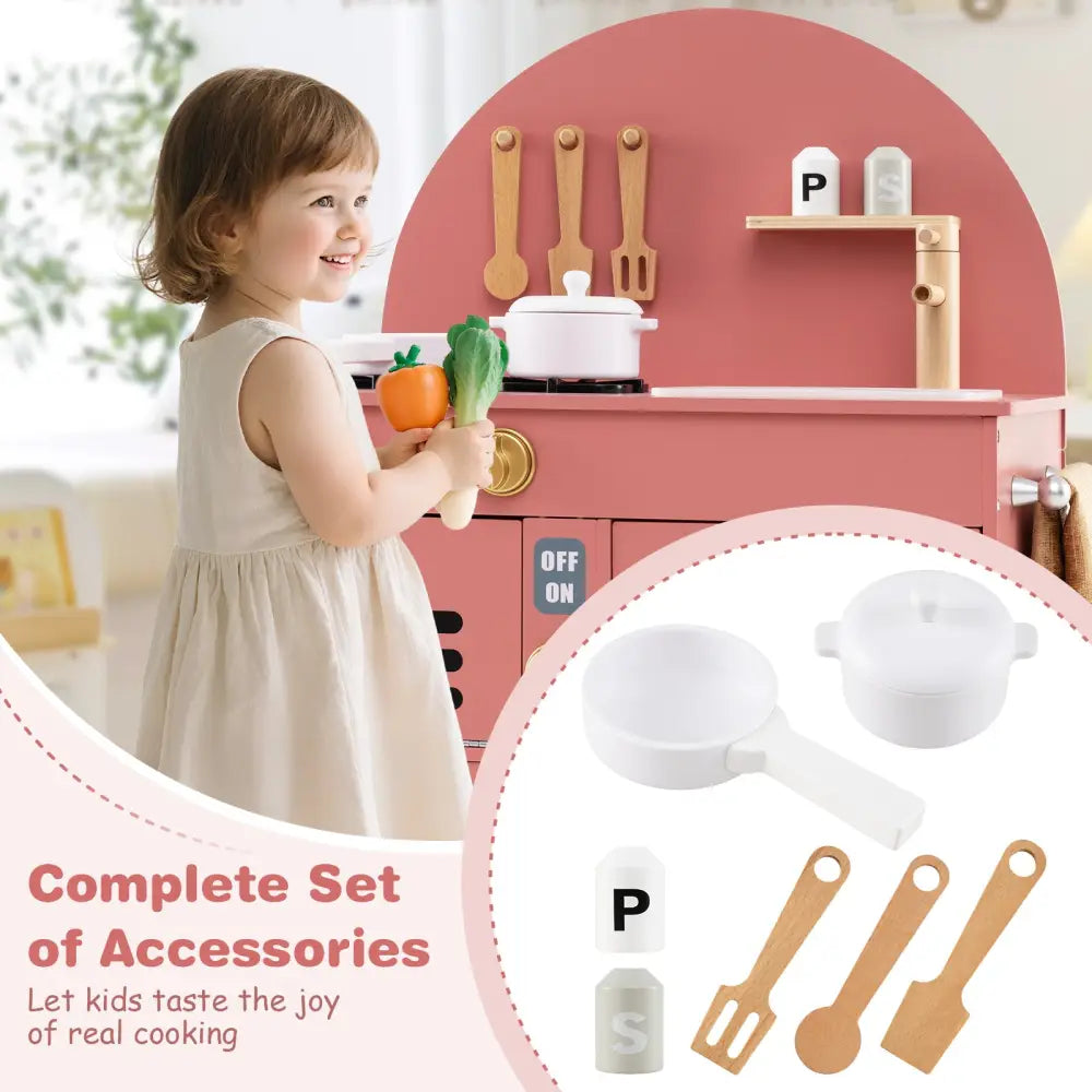 Play Kitchen for Kids Wooden Kitchen Playset with Stoves Faucet Sink Microwave and Oven-Pink - Pink - Play Kitchen Sets