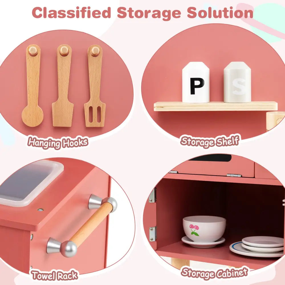Play Kitchen for Kids Wooden Kitchen Playset with Stoves Faucet Sink Microwave and Oven-Pink - Pink - Play Kitchen Sets