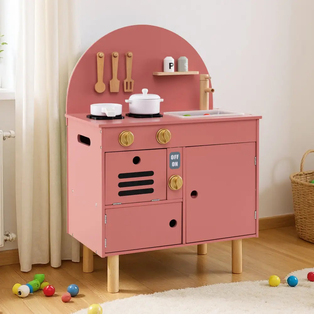 Play Kitchen for Kids Wooden Kitchen Playset with Stoves Faucet Sink Microwave and Oven-Pink - Pink - Play Kitchen Sets