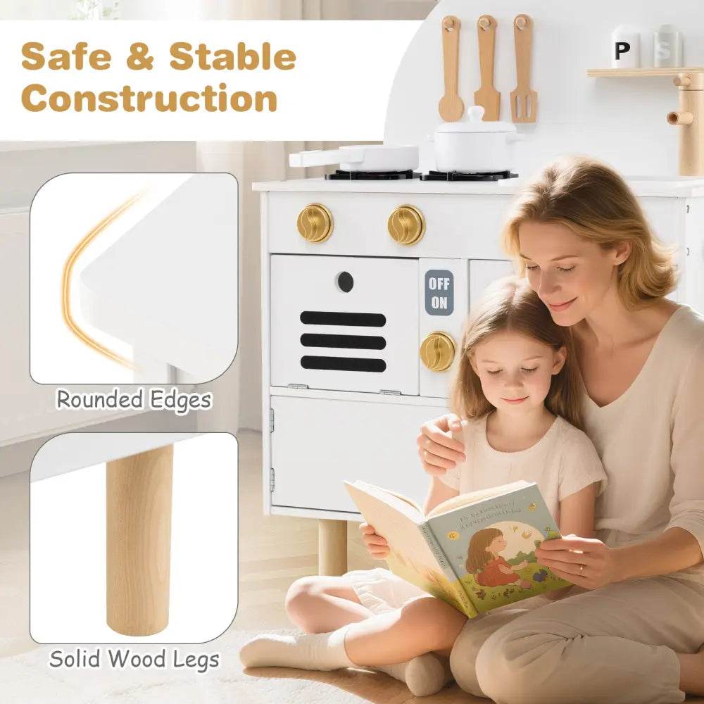 Play Kitchen for Kids Wooden Kitchen Playset with Stoves Faucet Sink Microwave and Oven-White - White - Play Kitchen